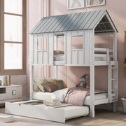 House Bunk Bed with Trundle,Roof and Windows,White