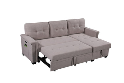 84" Reversible Sleeper Sectional Sofa with Storage Chaise, USB Charging Ports. Light Gray