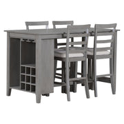 5-Piece Multi-Functional Rubberwood Counter Height Dining Set with Padded  Chairs and Integrated 9 Bar Wine  Compartment, Wineglass Holders  (Gray)