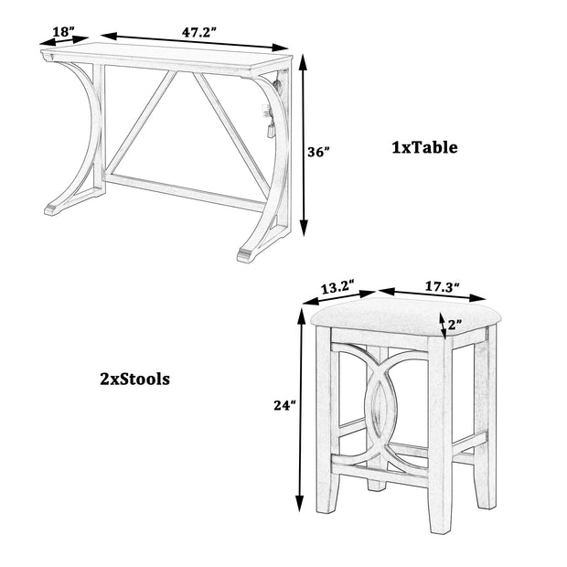 Farmhouse 3-Piece Counter Height Dining/Bar Set with USB Port and Upholstered Stools,Cream