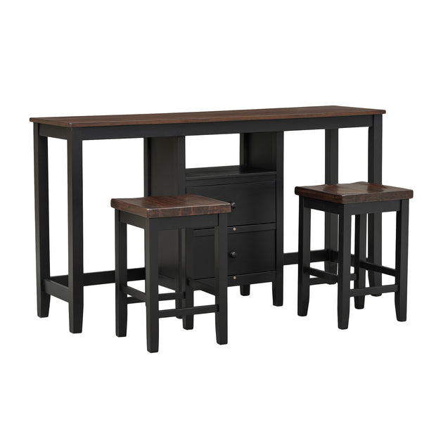 Farmhouse Rustic 3-piece Counter Height Wood Dining Set with Cabinet, 2 Storage Drawers, Black+Cherry