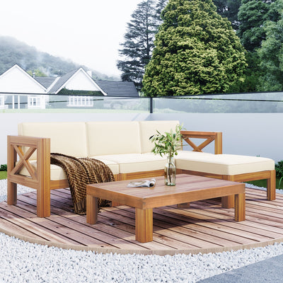 Outdoor Patio Wood 5-Piece Sectional Sofa Seating Group  Natural Finish