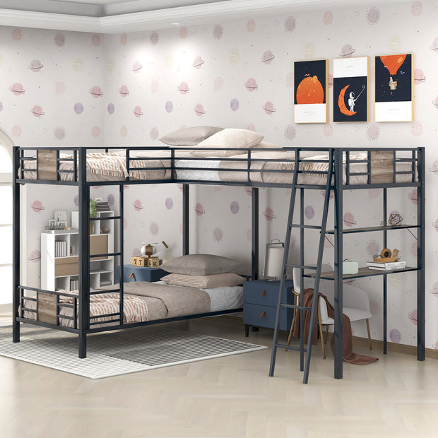 L-Shaped Twin over Twin Bunk Bed with Twin Size Loft Bed with Desk and Shelf ,Brown