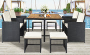 9 Piece All-Weather PE Wicker Dining Table Set with Wood Tabletop