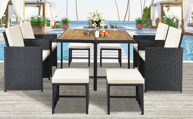 9 Piece All-Weather PE Wicker Dining Table Set with Wood Tabletop