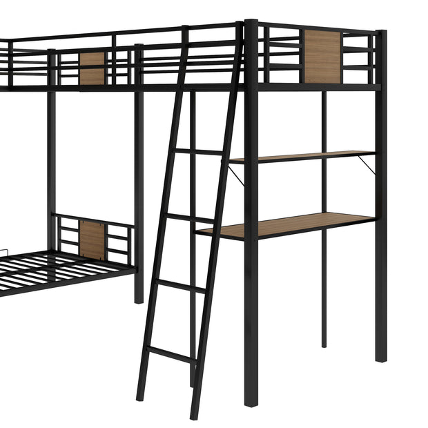 L-Shaped Twin over Twin Bunk Bed with Twin Size Loft Bed with Desk and Shelf ,Brown