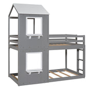 Twin Over Twin Bunk Bed Wood Bed with Roof, Window, Guardrail, Ladder (White)