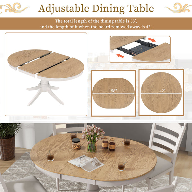 5-Piece Retro Dining Set, Wood Round Extendable Dining Table and 4 Upholstered Dining Chairs (Off White)