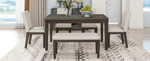 6-Piece Dining Table Set with Upholstered Dining Chairs and Bench,Farmhouse Style, Tapered Legs, Dark Gray+Beige