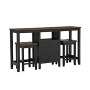 Farmhouse Rustic 3-piece Counter Height Wood Dining Set with Cabinet, 2 Storage Drawers, Black+Cherry