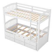 Twin over Twin Wood Bunk Bed with Trundle and Drawers,White