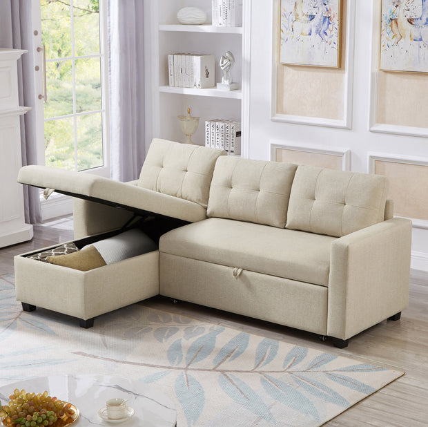 Convertible Sleeper Sectional Sofa with Storage Chaise, Beige