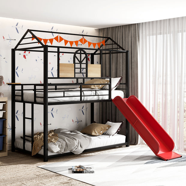 Twin Over Twin Metal Bunk Bed , House With Slide,Three Colors Available.(Black with Red Slide