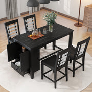 5 Piece Counter Height Dining Set with Faux Marble Tabletop, Solid Wood Table Set with Storage Cabinet and Drawer, Black