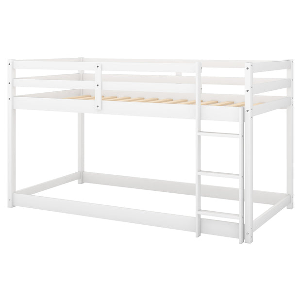 Twin over Twin Floor Bunk Bed with Ladder , White