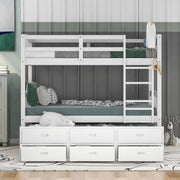 Twin over Twin Wood Bunk Bed with Trundle and Drawers,White