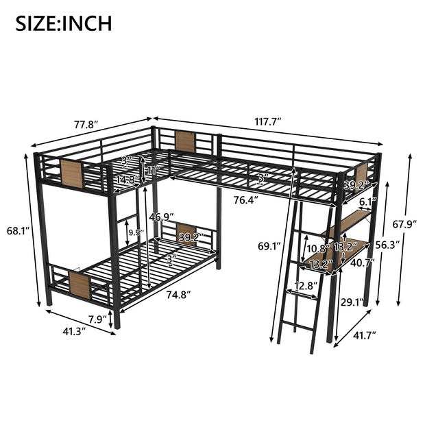 L-Shaped Twin over Twin Bunk Bed with Twin Size Loft Bed with Desk and Shelf ,Brown