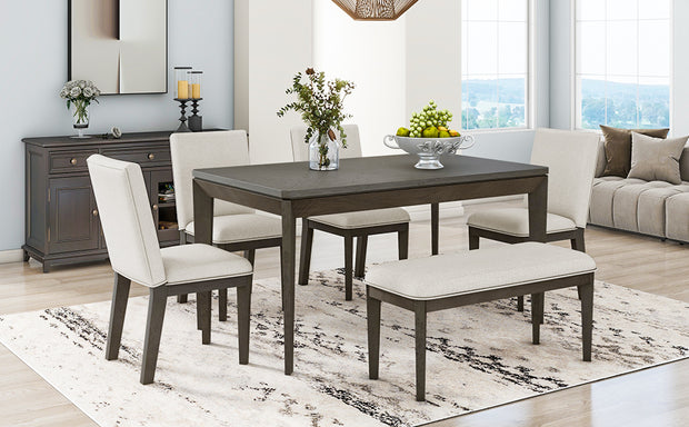 6-Piece Dining Table Set with Upholstered Dining Chairs and Bench,Farmhouse Style, Tapered Legs, Dark Gray+Beige