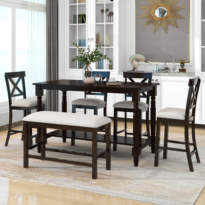 6-Piece Counter Height Dining Set. Table with Shelf, 4 Chairs & Bench  (Espresso)