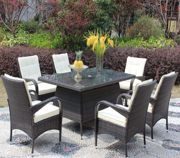 7-Piece Outdoor Dining Set with Table & 6 Chairs (Brown & Beige)