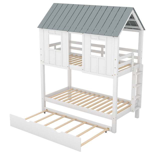 House Bunk Bed with Trundle,Roof and Windows,White