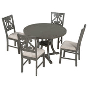 5-Piece Round Dining Set with Special-shaped Legs and an Exquisitely Designed Hollow Chair Back (Gray)