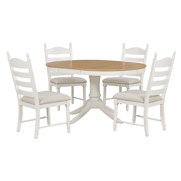 5-Piece Retro Dining Set, Wood Round Extendable Dining Table and 4 Upholstered Dining Chairs (Off White)