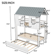 House Bunk Bed with Trundle,Roof and Windows,White