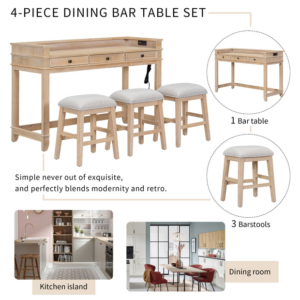 4-piece Dining Bar Set with 3 Upholstered Stools, Multifunctional Dining Table with 3 Drawers (Natural Wood Wash)