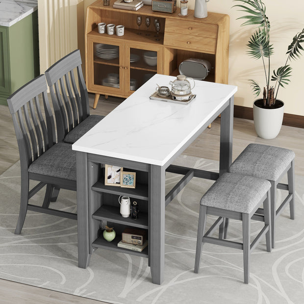 5-piece Counter Height Dining Table Set with Built-in Storage Shelves,Grey