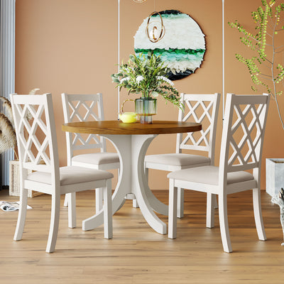 Mid-Century Solid Wood 5-Piece Round Dining Set with Upholstered Chairs, Walnut Table+Beige Chair