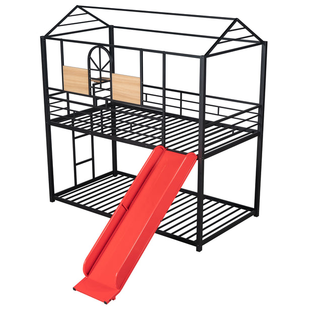 Twin Over Twin Metal Bunk Bed , House With Slide,Three Colors Available.(Black with Red Slide