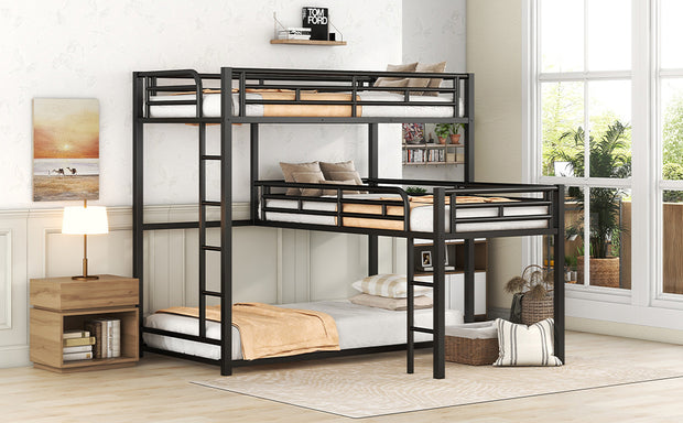 L-shaped Metal Triple Twin Size Bunk Bed, Black