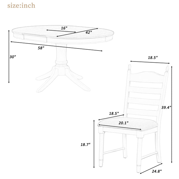 5-Piece Retro Dining Set, Wood Round Extendable Dining Table and 4 Upholstered Dining Chairs (Off White)