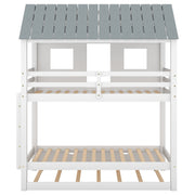 House Bunk Bed with Trundle,Roof and Windows,White