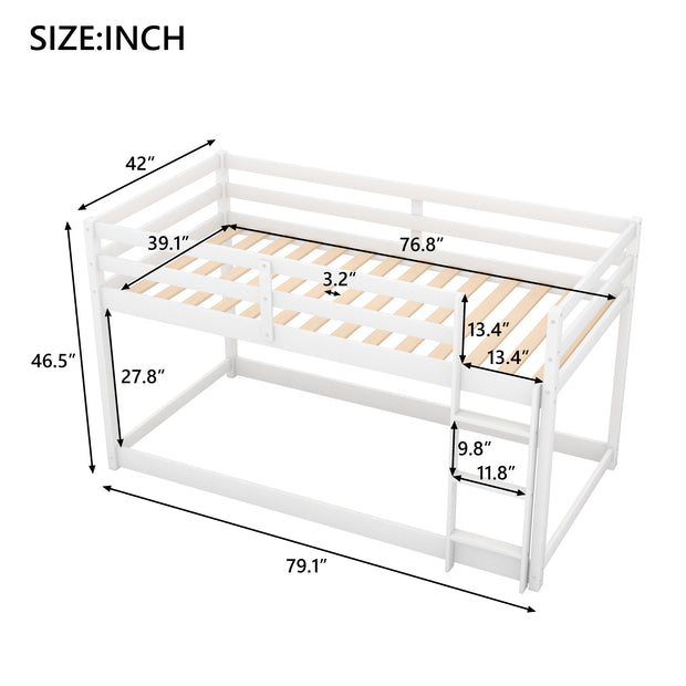 Twin over Twin Floor Bunk Bed with Ladder , White