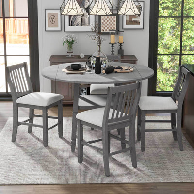 5-Piece Counter Height Dining Set in 2 Table Sizes with 4 Folding Leaves and 4 Upholstered Chairs (Gray+Beige Cushion)