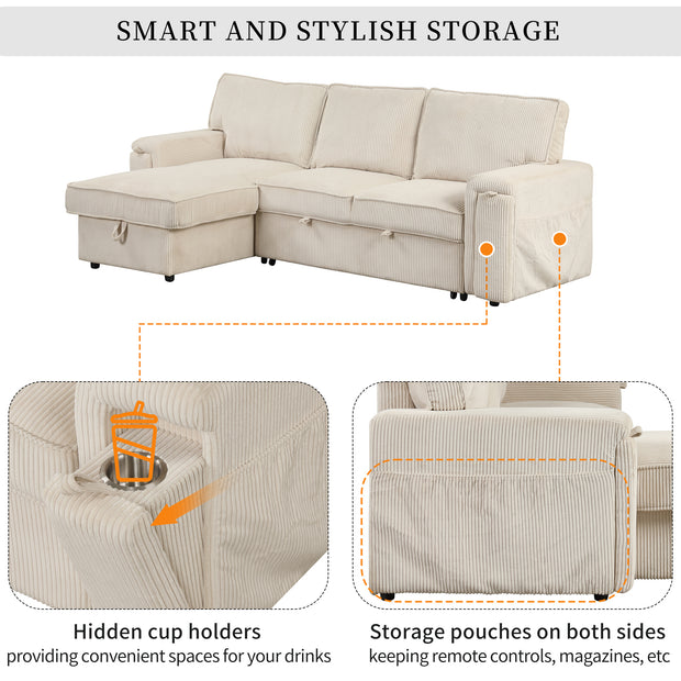 Convertible Sleeper Sectional  with Reversible Storage Chaise and retractable cup holders .