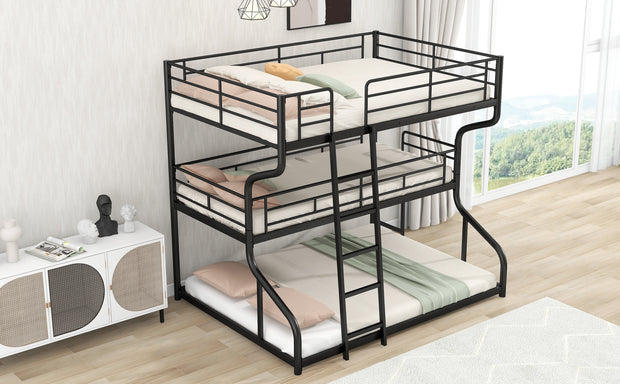 Full XL over Twin XL over Queen Size Triple Bunk Bed with Long and Short Ladder,Black