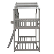 Twin over Twin House Bunk Bed with Roof , Window, Window  Box, Door , with Safety Guardrails and Ladder, Grey