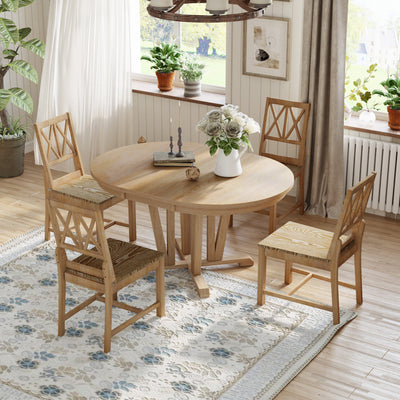 Rustic 5-Piece Extendable Table  Dining Set, Round Trestle Table and 4 Cross Back Dining Chairs Natural