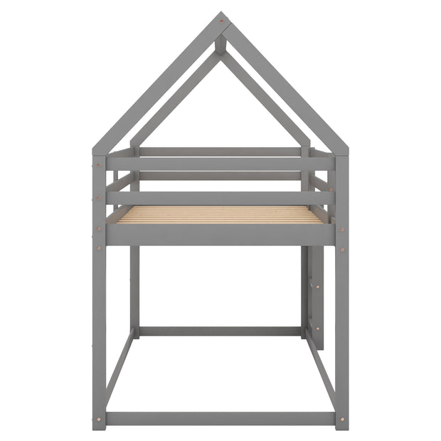 Twin over Twin Low Bunk Bed, House Bed with Ladder