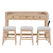 4-piece Dining Bar Set with 3 Upholstered Stools, Multifunctional Dining Table with 3 Drawers (Natural Wood Wash)