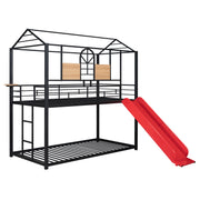 Twin Over Twin Metal Bunk Bed , House With Slide,Three Colors Available.(Black with Red Slide