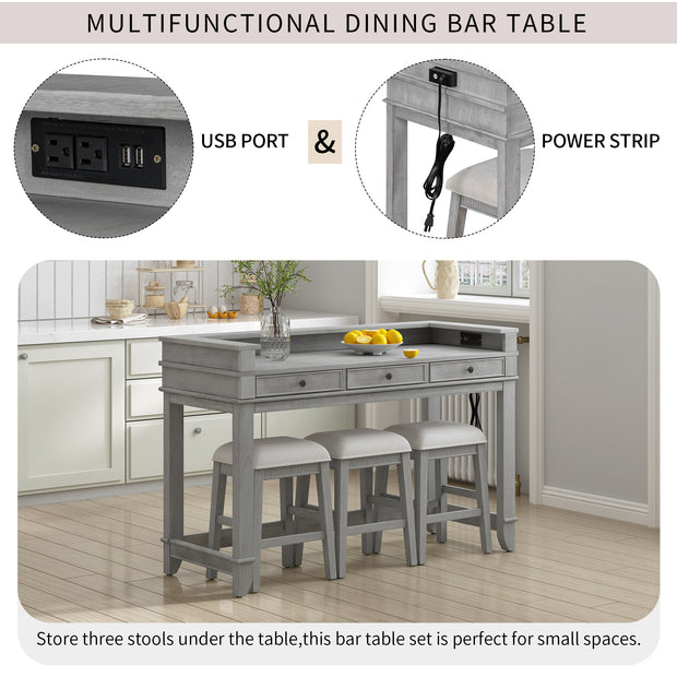 4-piece Dining Bar Set with 3 Upholstered Stools, Multifunctional Dining Table with 3 Drawers (Gray)