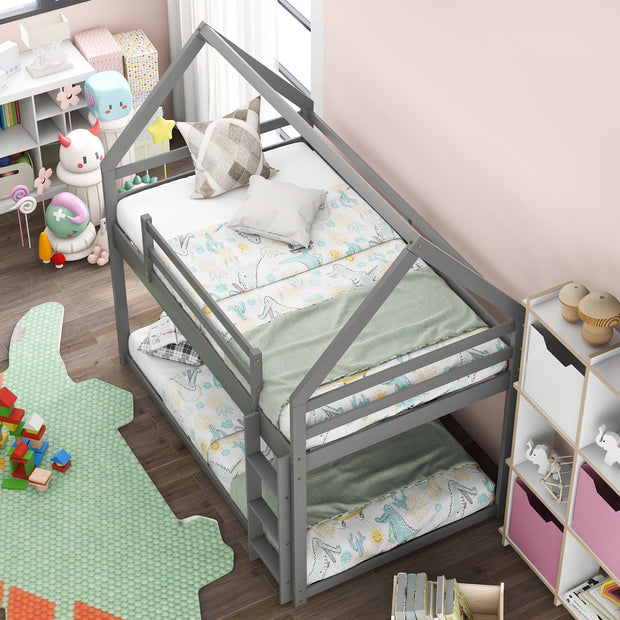 Twin over Twin Low Bunk Bed, House Bed with Ladder