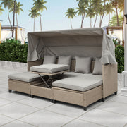 4 Piece UV-Proof Resin Wicker Outdoor Sofa Set with Retractable Canopy, Cushions and Lifting Table