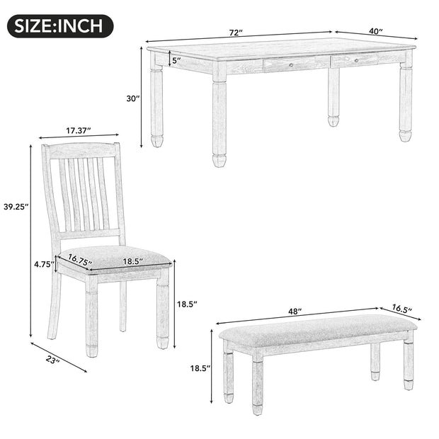 6-Piece Retro 72'L Wood Dining Set with 4 Drawers , 4 Upholstered Chairs & 1 Bench (Grey)