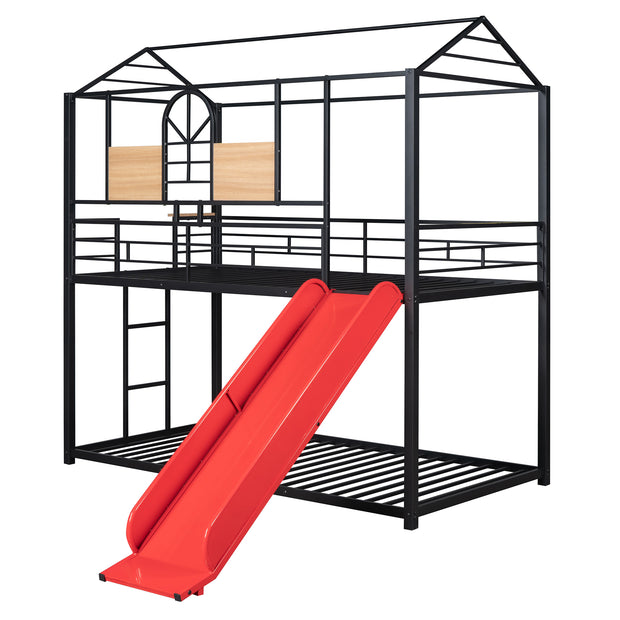 Twin Over Twin Metal Bunk Bed , House With Slide,Three Colors Available.(Black with Red Slide