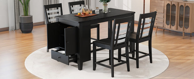 5 Piece Counter Height Dining Set with Faux Marble Tabletop, Solid Wood Table Set with Storage Cabinet and Drawer, Black